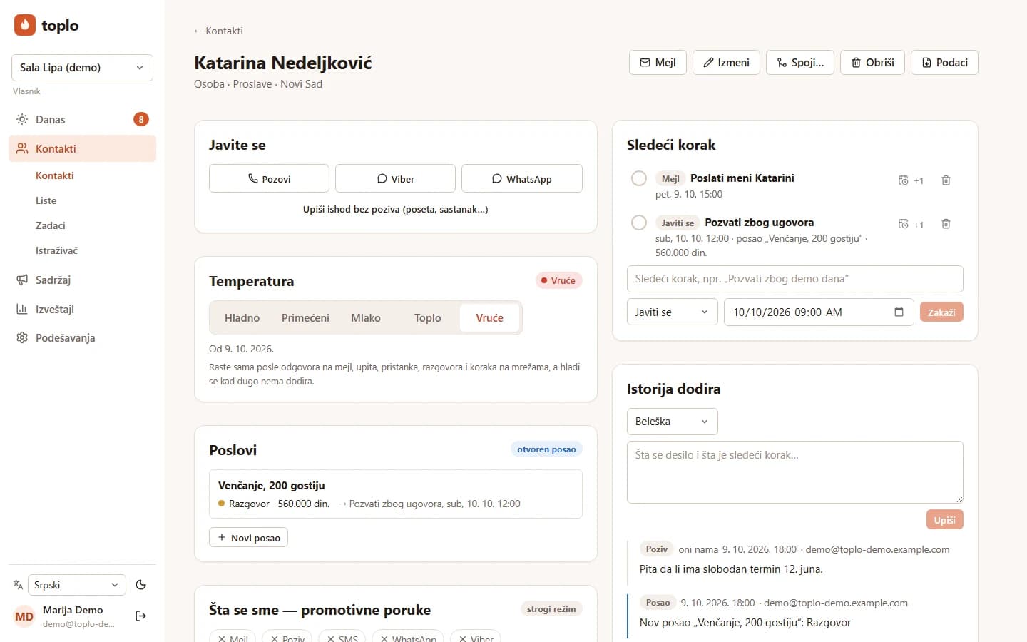 Карточка контакта в Toplo: температура, открытая сделка, следующий шаг и история